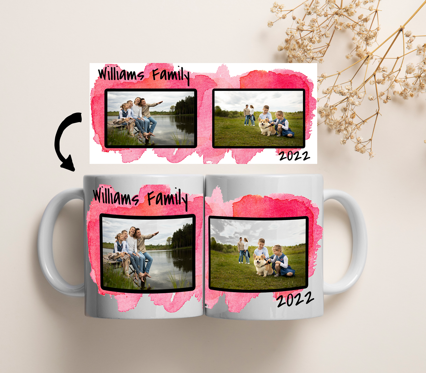 Watercolor Custom Photo Mug - Add a Splash of Art! - 2 Photos and Text
