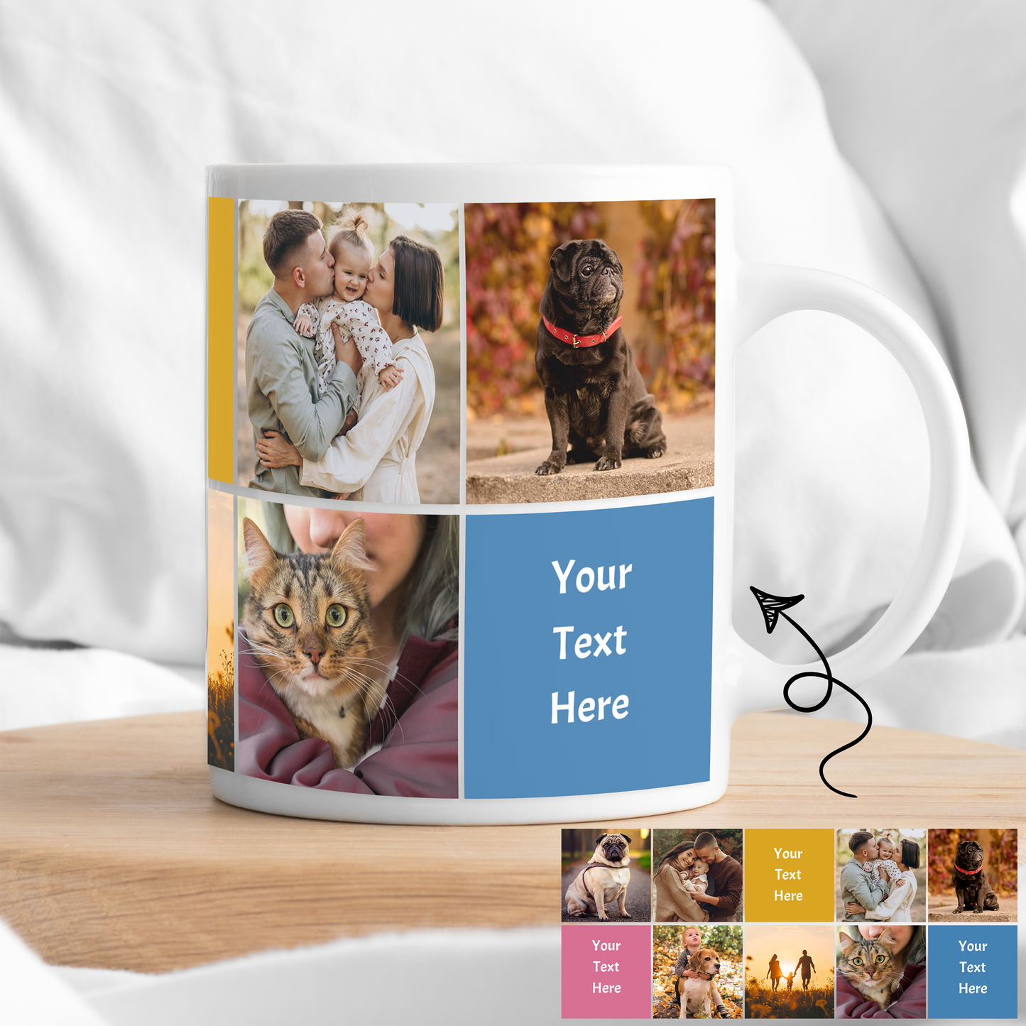 Custom Photo Mug - 10 Box (7 Images/3 Colored Text Boxes)