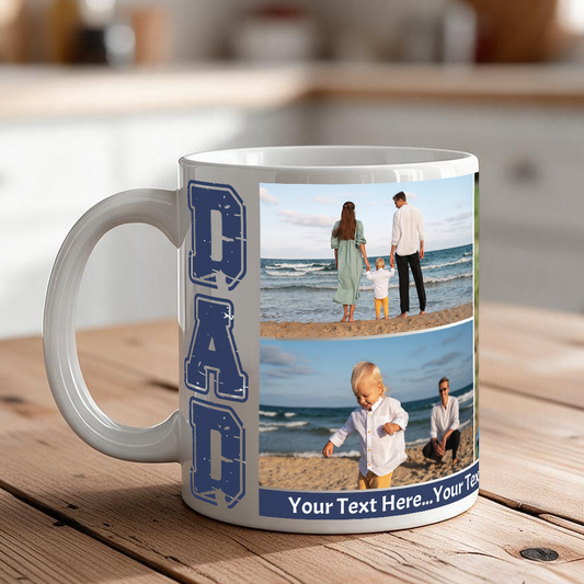 Custom Photo Mug for Dad – 5 Pictures + Message & DAD Themed Letters, 11 oz & 15 oz Father's Day Gift