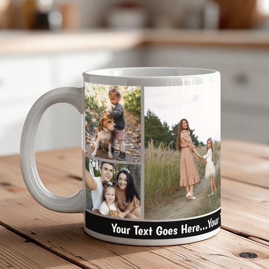 Personalized 6-Photo Coffee Mug with Custom Text Banner – 11 oz & 15 oz Ceramic Gift