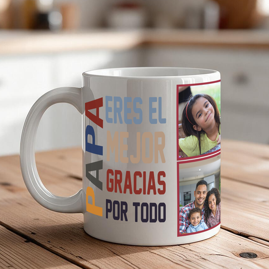 Custom Photo Mug for Papa – 5 Pictures + Spanish Icon and Message, 11 oz & 15 oz Father's Day Gift
