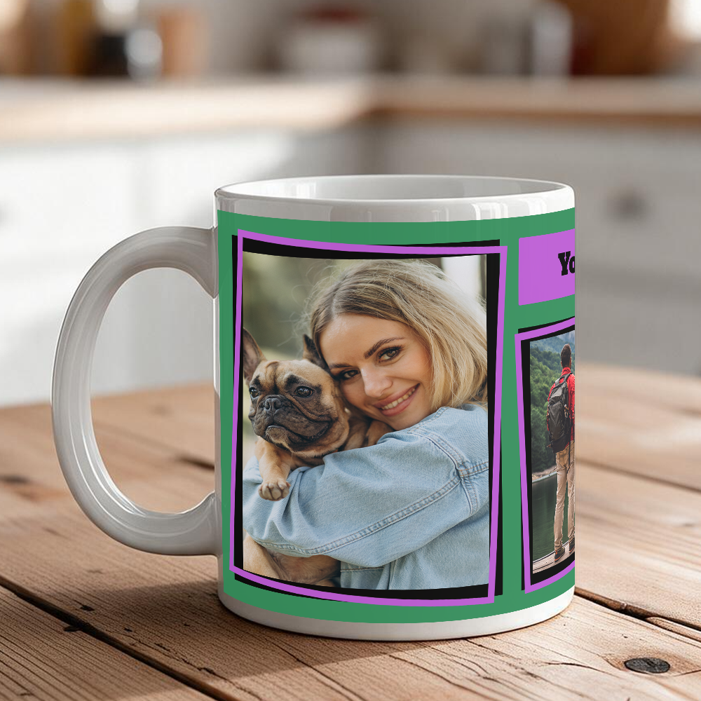 3-photo personalized mug with double frames and custom text
Elegant framed photo coffee mug on breakfast table
Close-up of double frame border detail on ceramic mug