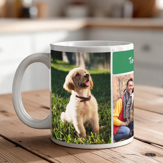 3-photo personalized coffee mug with custom text message
Custom photo mug on office desk with morning coffee
Both size options 11 oz and 15 oz for 3-photo mug