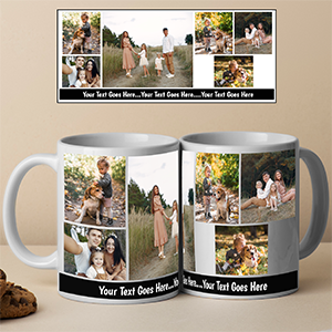 6-Photo Coffee Mug with Custom Text Banner — Personalized 11 & 15 oz