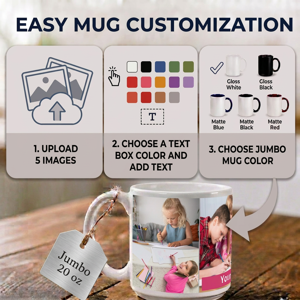Jumbo 20 oz Ceramic Photo Mug — Collage of 5 Photos, 1 Text | Large Coffee Gift