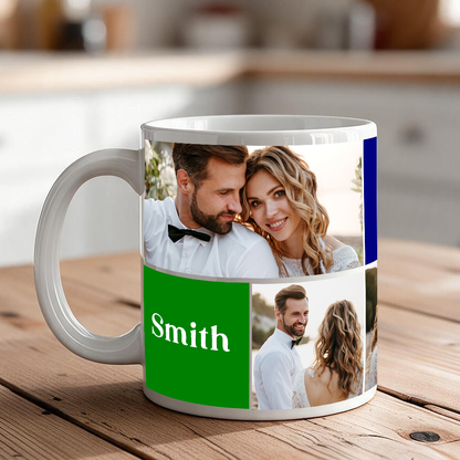 5-photo personalized coffee mug with 3 custom messages
Anniversary photo mug on breakfast table with coffee
Both 11 oz and 15 oz size options for 5-photo mug