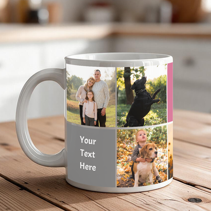 7-photo personalized coffee mug with 3 custom messages in 10-square grid
Grandparent gift photo mug on kitchen counter
Both 11 oz and 15 oz size options of custom photo mug