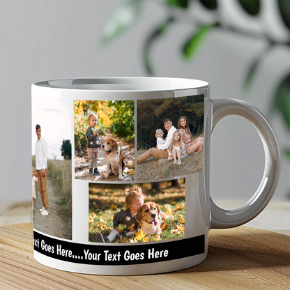 6-Photo Coffee Mug with Custom Text Banner — Personalized 11 & 15 oz