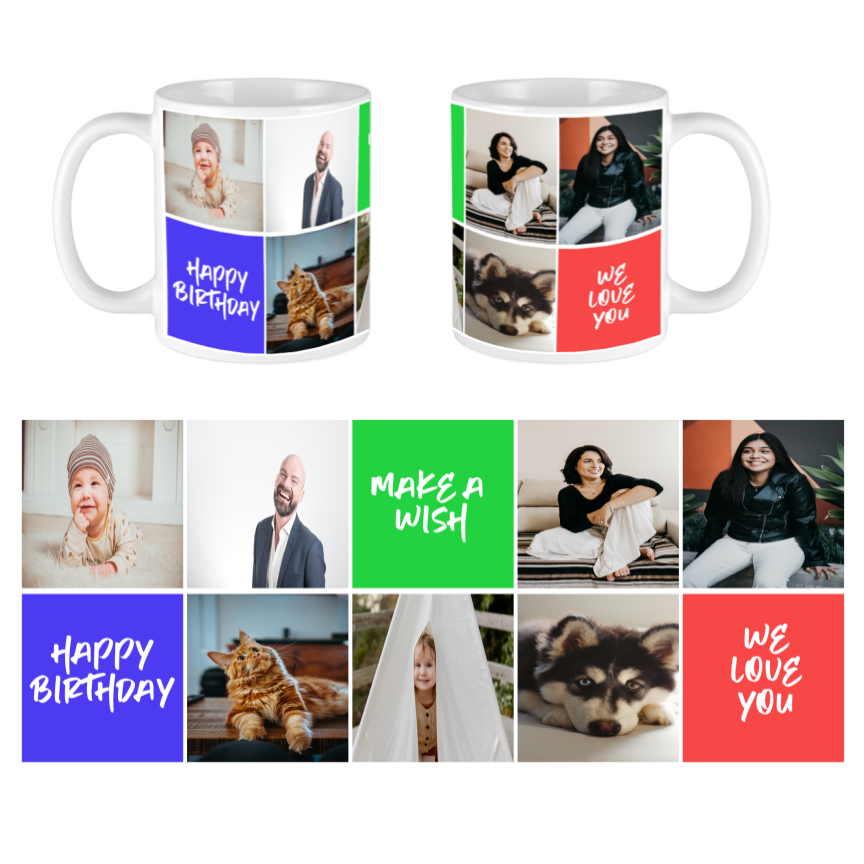 Personalized Custom Photo Mug: 10 Squares - 7 Photos - 3 Text Boxes