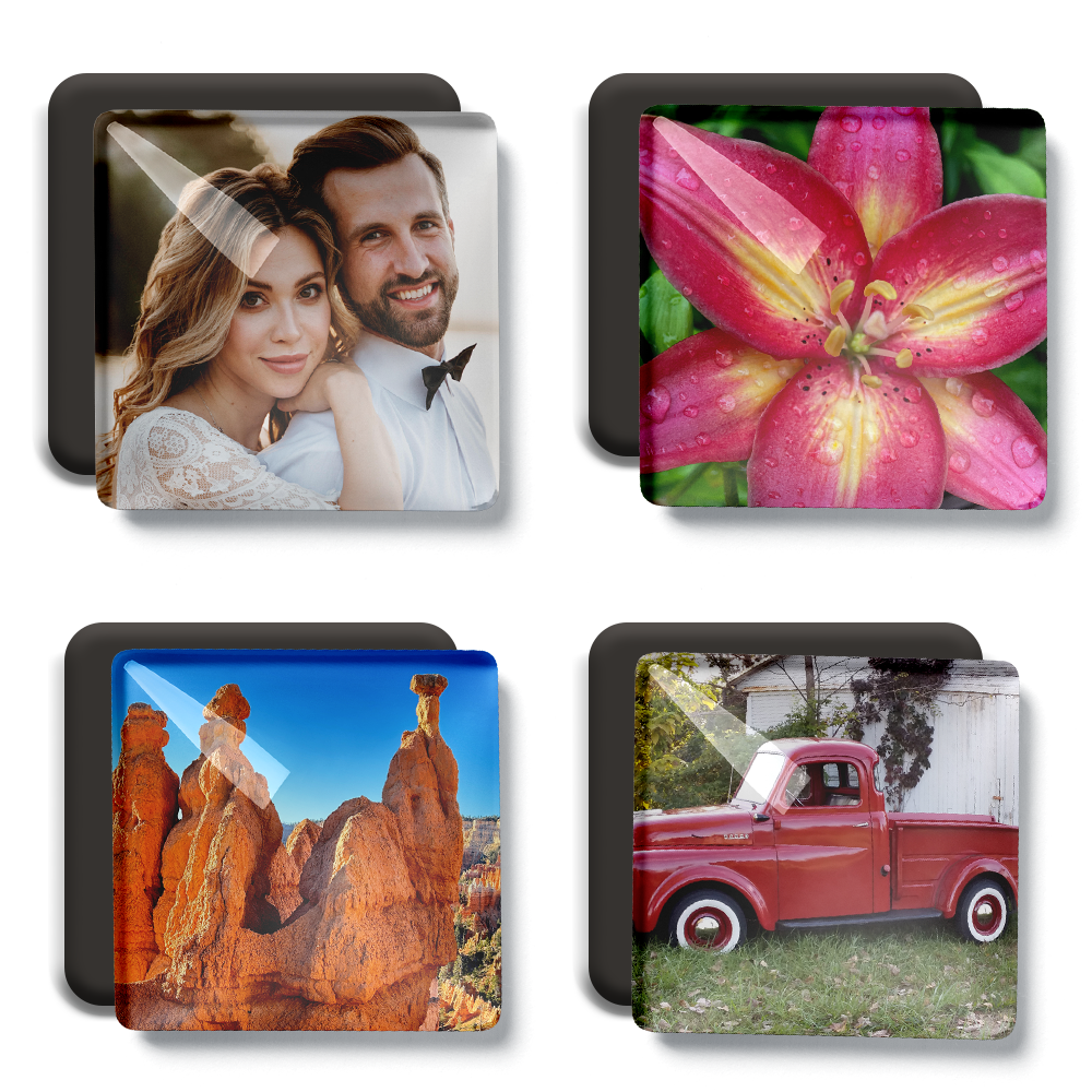 Set of 4 custom 2x2 acrylic photo magnets with family photos arranged on fridge