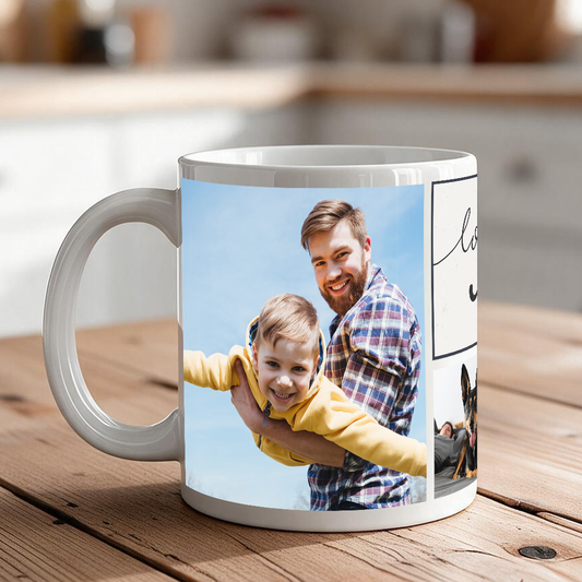 Dad photo mug with 6 pictures and personalized special message
Father's Day custom coffee mug as gift with wrapped present
Close-up of message text on 6-photo dad mug