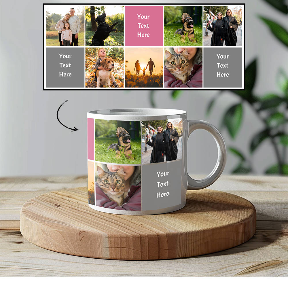 Personalized Custom Photo Mug: 10 Squares - 7 Photos - 3 Text Boxes