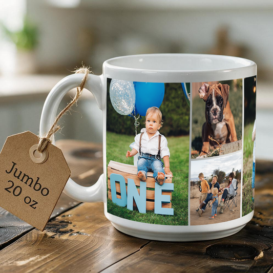 Jumbo 20 oz personalized 7-photo collage coffee mug
Large custom photo mug on wooden family dining table
Full wrap view of 7-photo layout on 20 oz ceramic mug