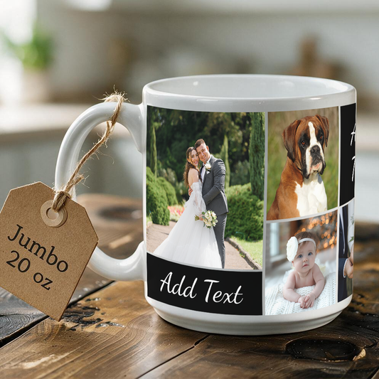 Jumbo 20 oz personalized mug with 7 photos and 3 custom messages
Large ceramic photo mug as grandparent gift on family dinner table
Layout template showing 7 photo and 3 text zones on jumbo mug