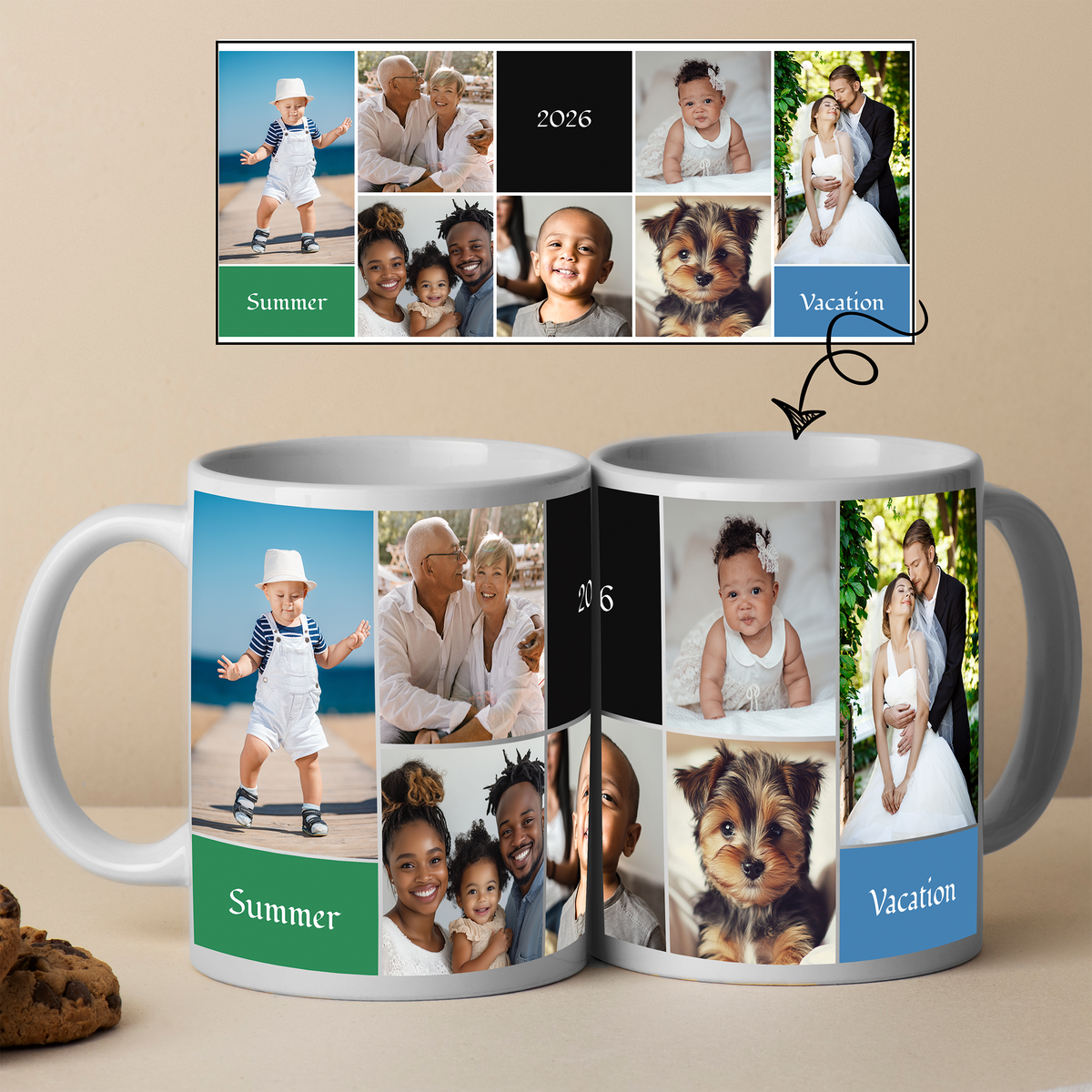 7-Photo Family Coffee Mug + 3 Custom Messages — Personalized 11 & 15 oz