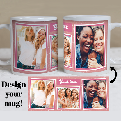 3-Photo Coffee Mug with Double Frames & Custom Text — Personalized 11 & 15 oz