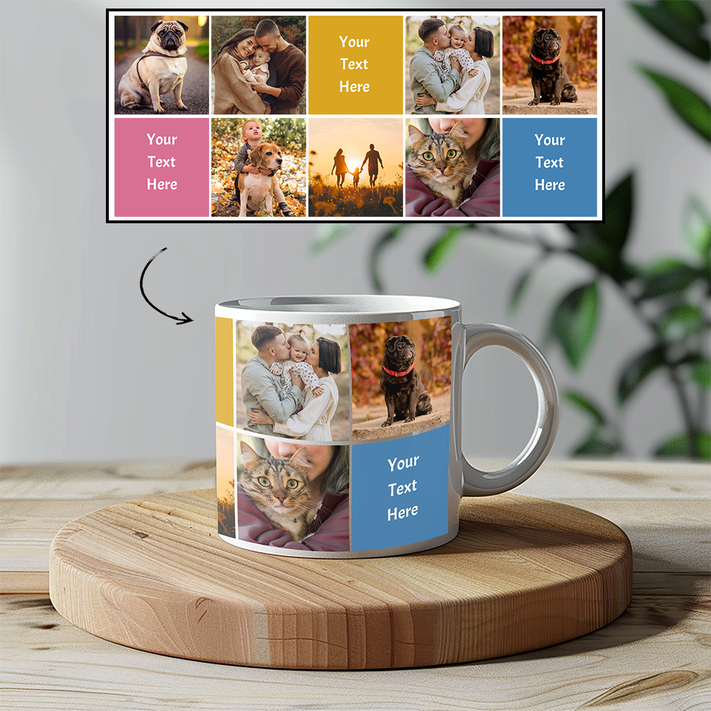 Personalized Custom Photo Mug: 10 Squares - 7 Photos - 3 Text Boxes