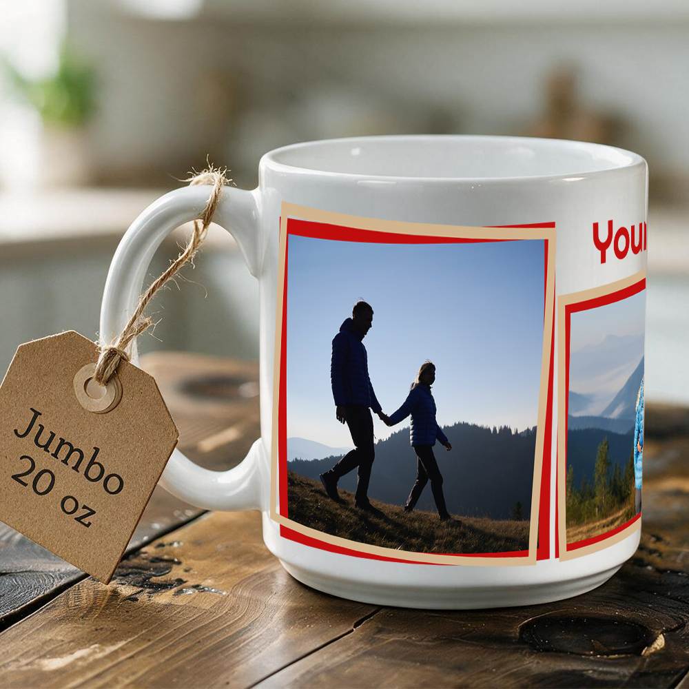 Jumbo 20 oz Photo Mug — 3 Double Framed Photos + Custom Text | Large Ceramic Gift