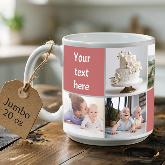 Jumbo 20 oz Personalized Photo Mug – 7 Pictures + 3 Custom Text, Large Coffee Gift