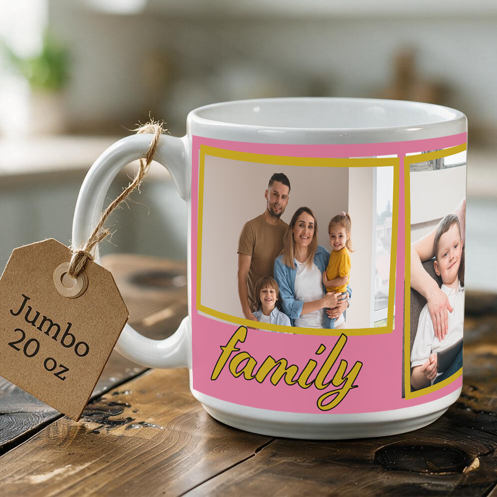 Jumbo 20 oz Photo Mug — 3 Framed Photos + Custom Text | Large Ceramic Gift