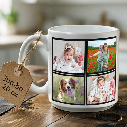 Jumbo 20 oz Personalized Photo Mug – 8 Framed Pictures, Large Coffee Gift