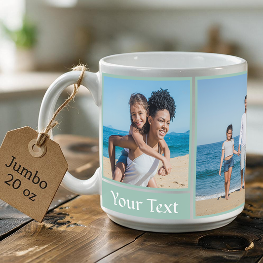 Jumbo 20 oz Ceramic Personalized Photo Mug – 3 Pictures + Custom Text & Border, Large Coffee Gift