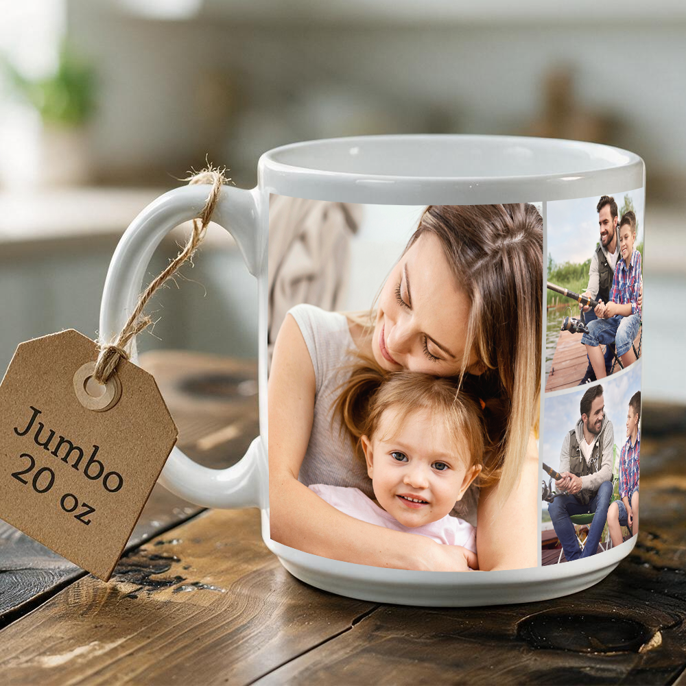 Jumbo 20 oz Ceramic Photo Mug — Collage of 6 Photos | Large Coffee Gift