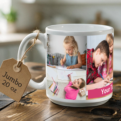 Jumbo 20 oz Ceramic Photo Mug — Collage of 5 Photos, 1 Text | Large Coffee Gift
