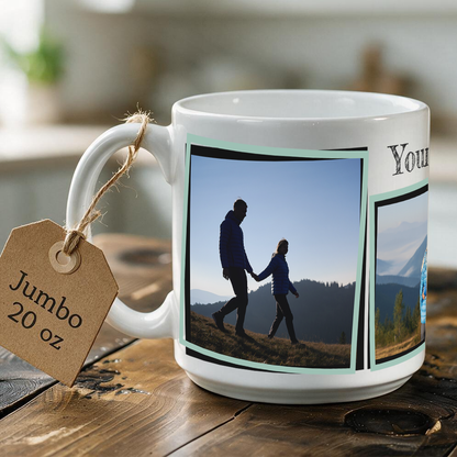 Jumbo 20 oz Photo Mug — 3 Double Framed Photos + Custom Text | Large Ceramic Gift