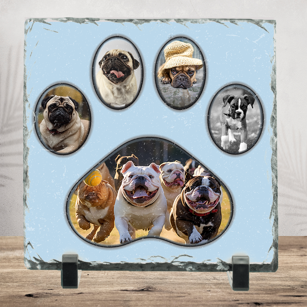 Personalized 5-Photo Pet Paw Theme Slate -Square 6x6" or 8x8" Natural Stone Picture Keepsake