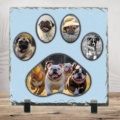 Personalized 5-Photo Pet Paw Theme Slate -Square 6x6" or 8x8" Natural Stone Picture Keepsake
