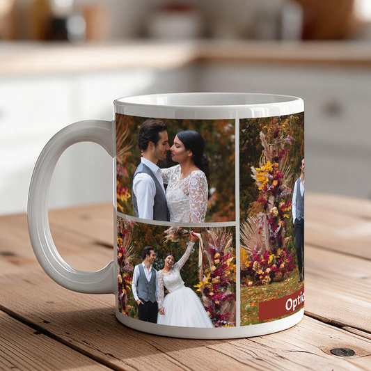 Penta 5-photo personalized coffee mug in ceramic
5-picture custom mug lifestyle photo on wooden table
Penta layout template showing 5 photo zones on ceramic mug