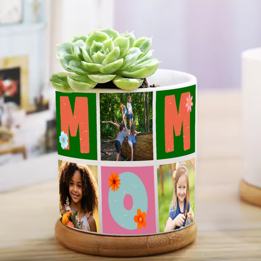 MOM personalized flower pot with photos inside each letter