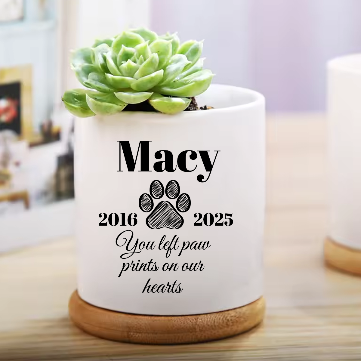 Pet memorial flower pot personalized with dog photo, name and dates
