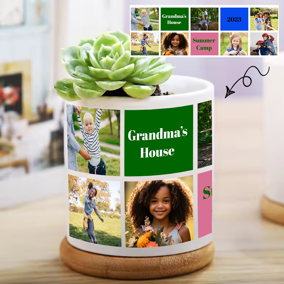 Personalized photo collage flower pot with 7 family photos and 3 custom messages