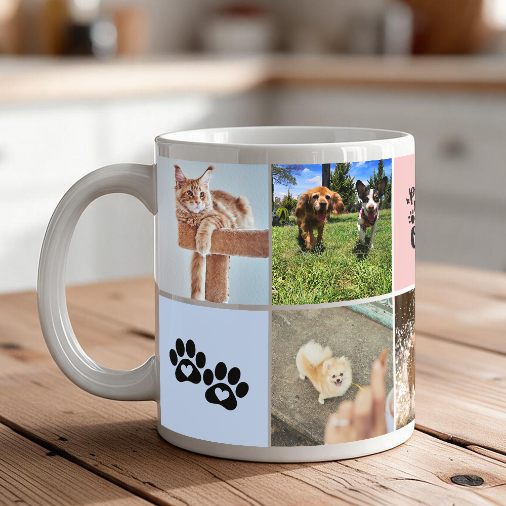 Pet-themed personalized coffee mug with 7 pet photos and 3 pet icons
Custom dog photo mug on kitchen counter
Pet icons detail — paws and hearts on ceramic mug