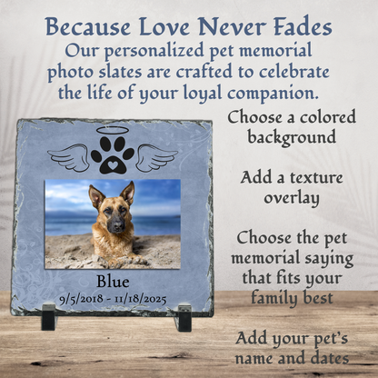 Pet Memorial Photo Slate - 6x6", 8x8", 12x12" Personalized Dog and Cat Memorial Gift with Photo.  Text is Optional.