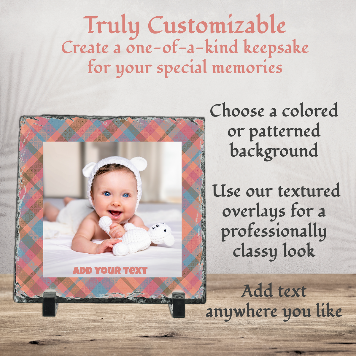 Personalized Photo Slate with Colored Border – Square 6x6", 8x8", 12x12" Custom Stone Picture Gift