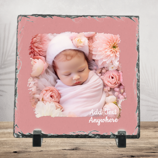Personalized Photo Slate with Artistic Border – Square  6x6", 8x8", 12x12" Custom Stone Picture Gift