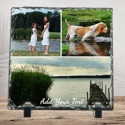 Personalized 3-Photo Collage Slate – Square 6x6", 8x8", 12x12" Custom Stone Picture Keepsake Gift