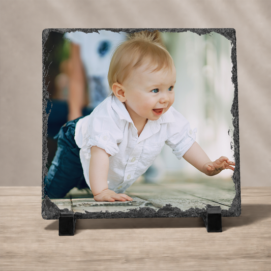 Personalized Photo Slate – Square 6x6", 8x8", 12x12" Classic Natural Stone Picture Keepsake.  Optional Text.