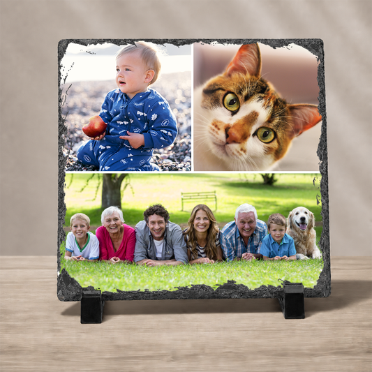 Personalized 3-Photo Collage Slate – Square 6x6", 8x8", 12x12" Custom Stone Picture Keepsake Gift