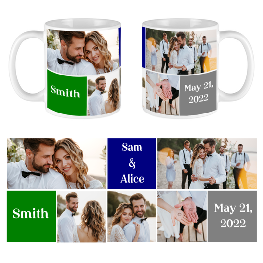 Custom Photo Mug - Collage of 5 (5 Images/3 Colored Text Boxes)