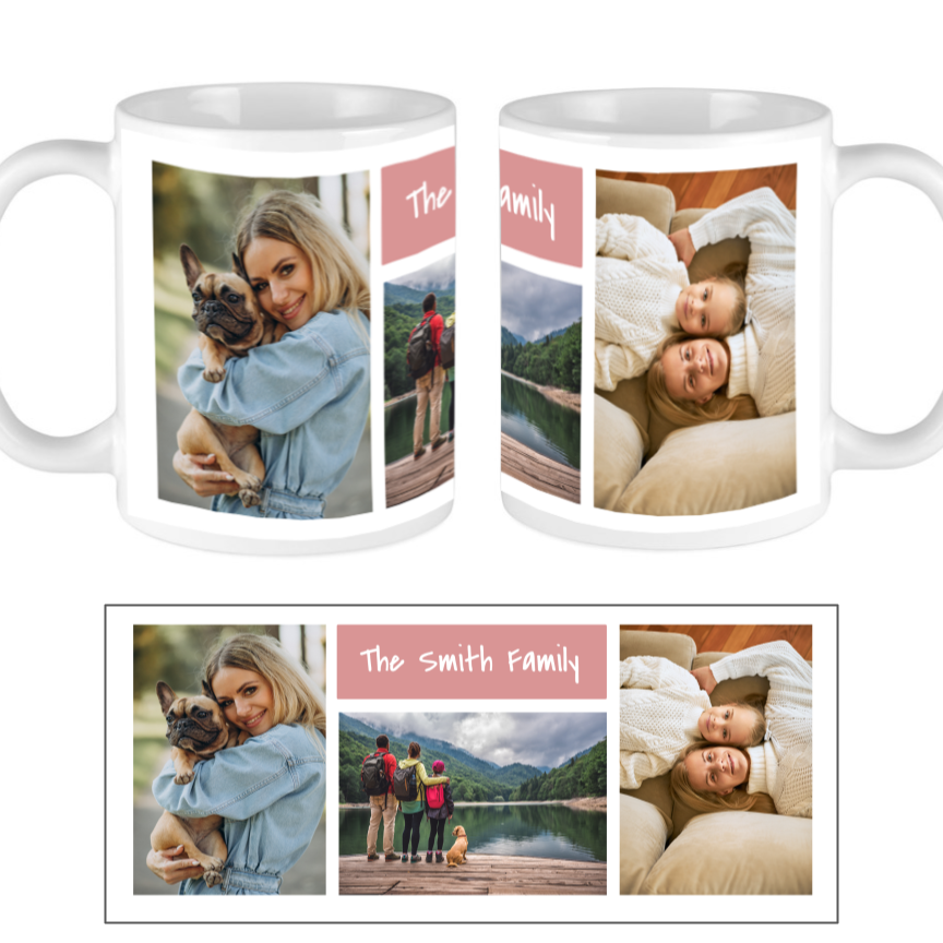 Collage Mug with 3 Photos and 1 Text Box - Personalized Mug