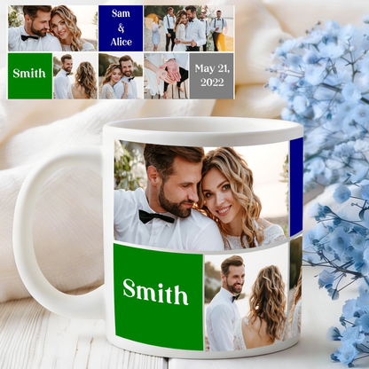 5-Photo Coffee Mug + 3 Custom Messages — Personalized 11 & 15 oz Ceramic