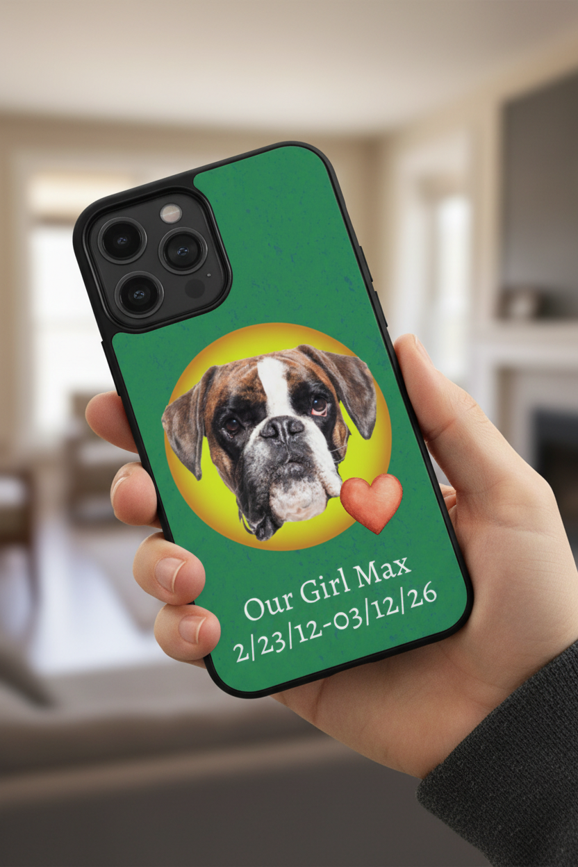 Phone case with a dog's face and text on a green background