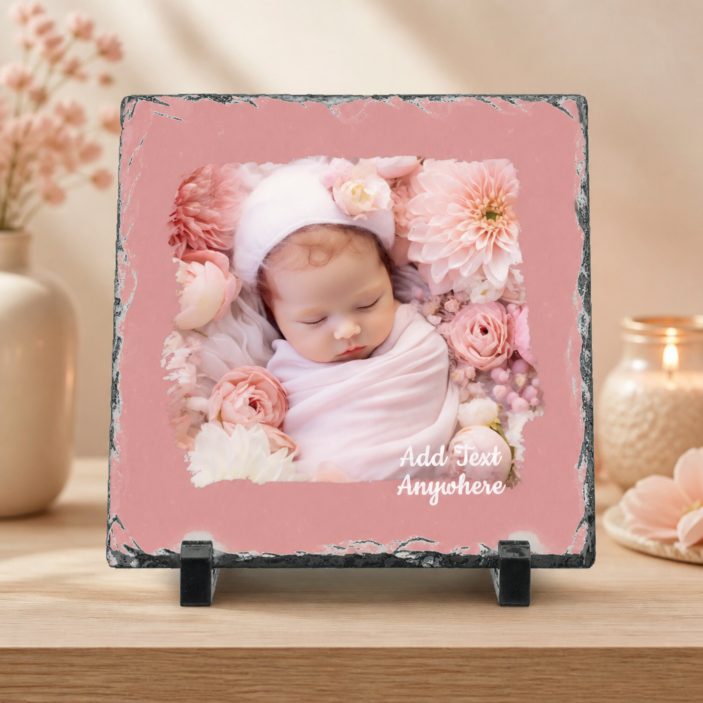 Personalized Photo Slate with Artistic Border – Square  6x6", 8x8", 12x12" Custom Stone Picture Gift