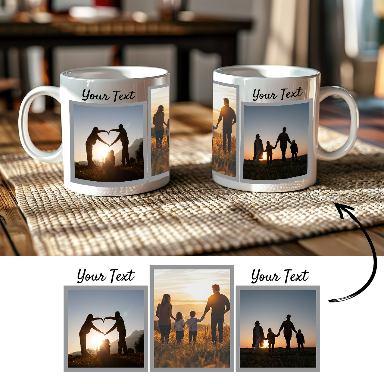 Custom Photo Mug - Framed 3 Images - Personalized Text Option